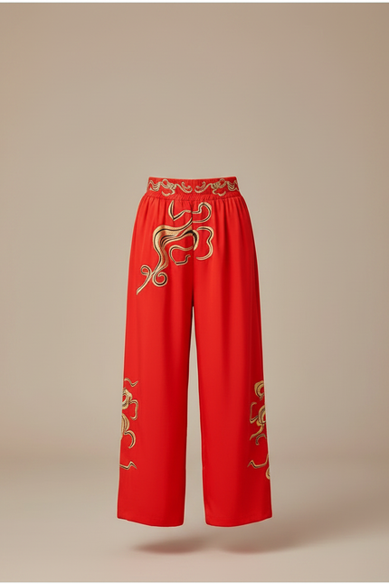 Pantalon Chinois Rouge Ample Doré Brodé Enfant - Polyester - vue 3