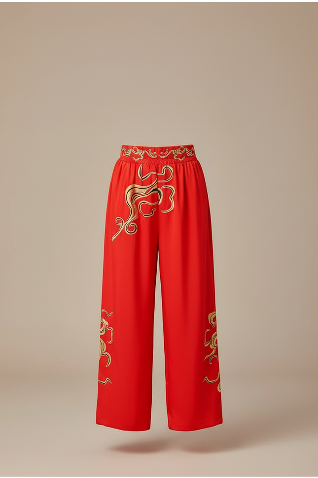 Pantalon Chinois Rouge Ample Doré Brodé Enfant - Polyester - vue 3