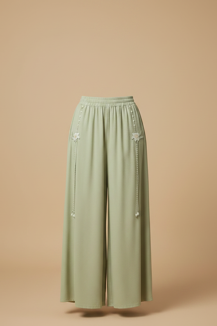 Pantalon Chinois Vert Sauge Ample Fluide Brodé Perlé - Viscose - vue 3