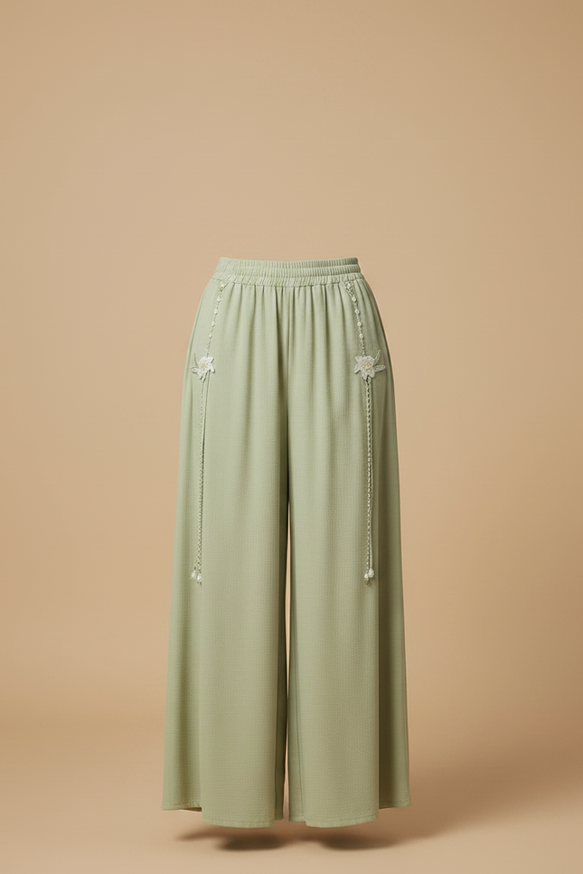 Pantalon Chinois Vert Sauge Ample Fluide Brodé Perlé - Viscose - vue 3