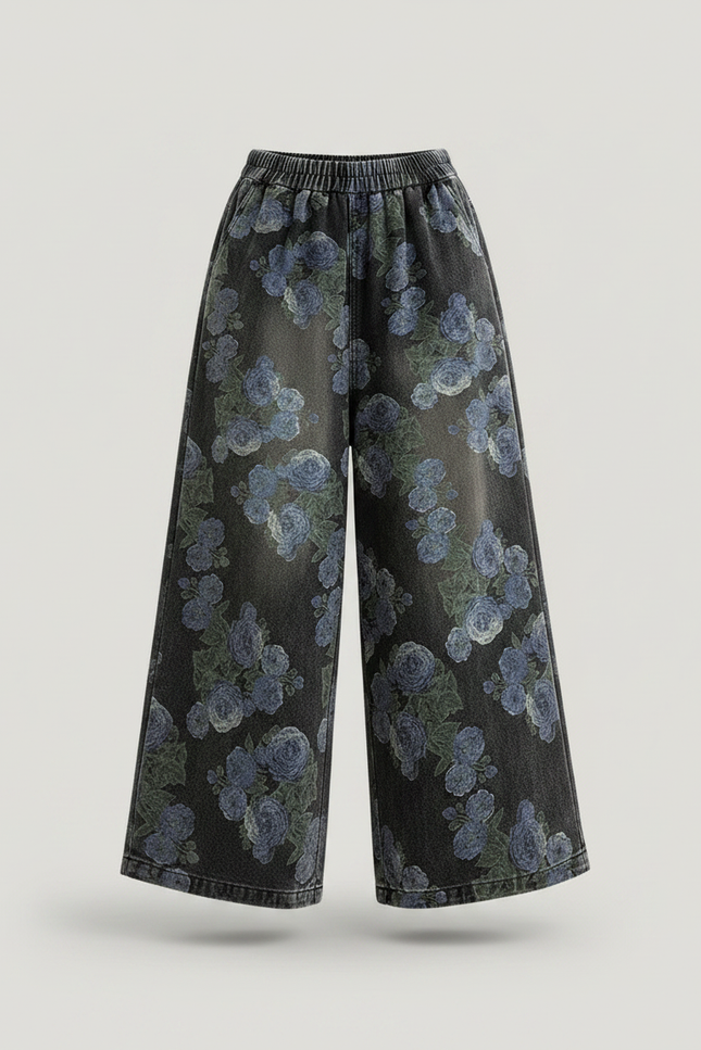Pantalon Chinois Denim Fleuri Ample Décontracté Élastique - Multicolore Jean - vue 3