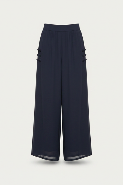 Pantalon Chinois Fluide Taille Haute Boutons Latéraux - Marine Polyester - vue 3