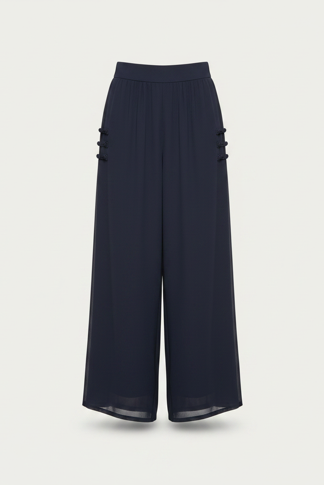 Pantalon Chinois Fluide Taille Haute Boutons Latéraux - Marine Polyester - vue 3