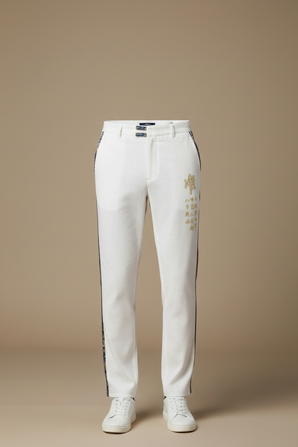 Pantalon Chinois Blanc Droit Brodé Élégant Homme - Lin - vue 3