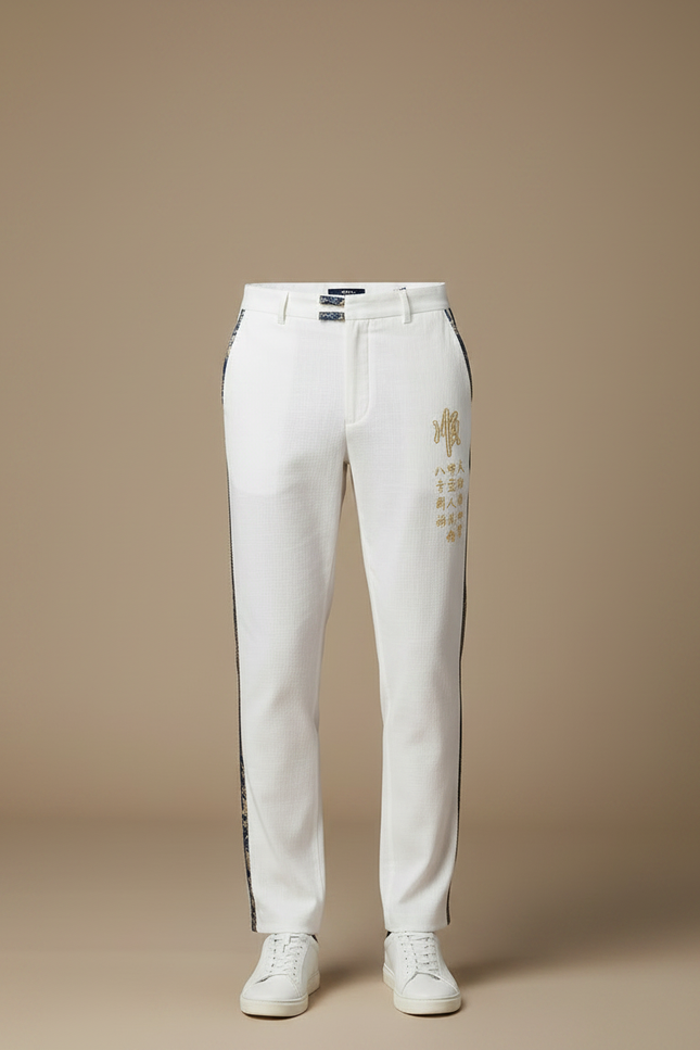 Pantalon Chinois Blanc Droit Brodé Élégant Homme - Lin - vue 3