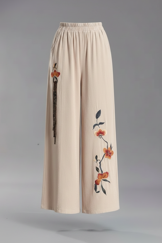 Pantalon Chinois Beige Brodé Ample Fluide Femme - Lin - vue 3