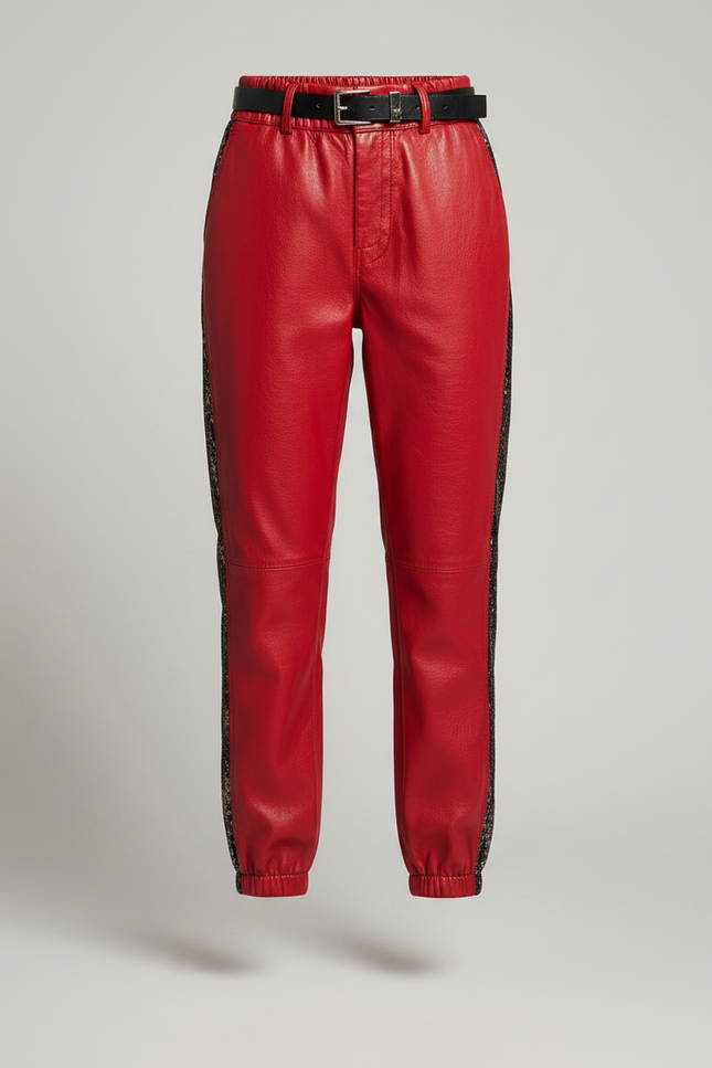 Pantalon Chinois Cuir Rouge Noir Élastiqué Femme - vue 3