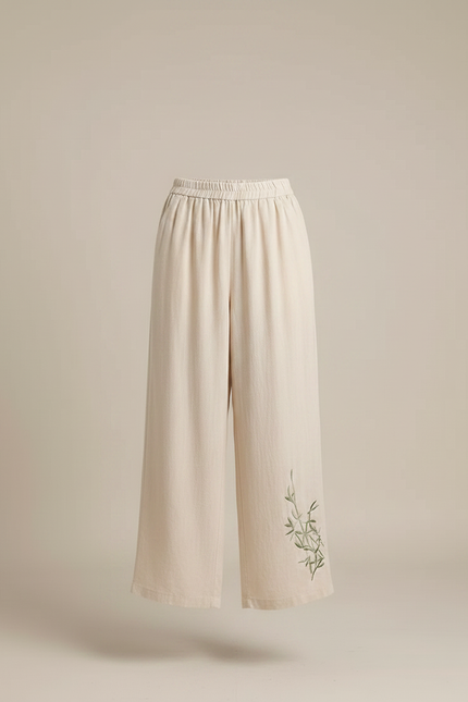 Pantalon Chinois Lin Beige Ample Brodé Bambou - vue 3