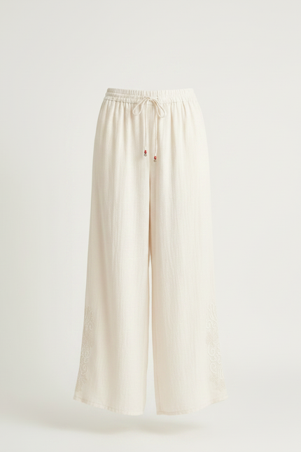 Pantalon Chinois Crème Ample Lin Brodé Traditionnel - Beige - vue 3