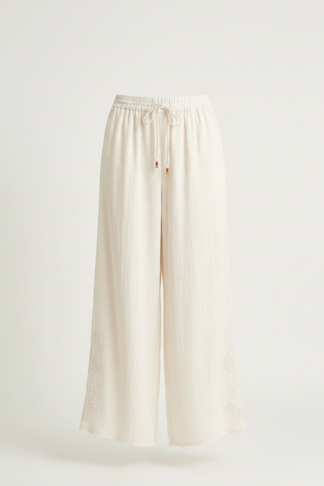 Pantalon Chinois Crème Ample Lin Brodé Traditionnel - Beige - vue 3