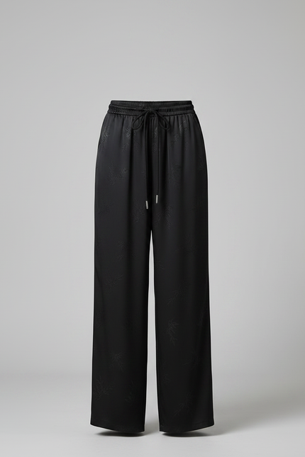Pantalon Chinois Noir Jacquard Satin Ample Fluide Élégant - vue 3