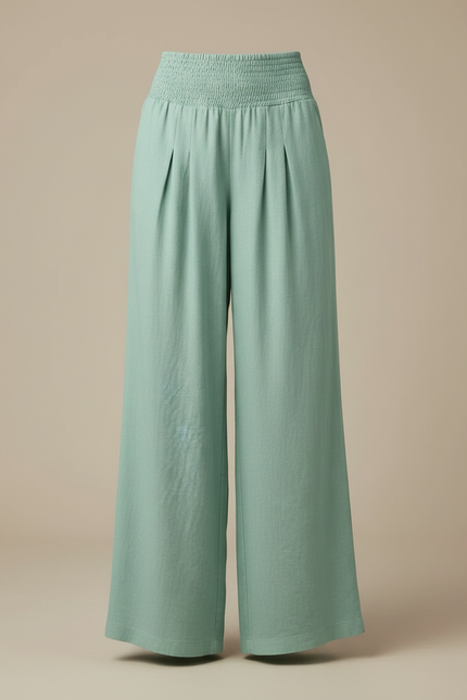 Pantalon Chinois Vert Fluide Ample Smocké Confortable - Lin - vue 3