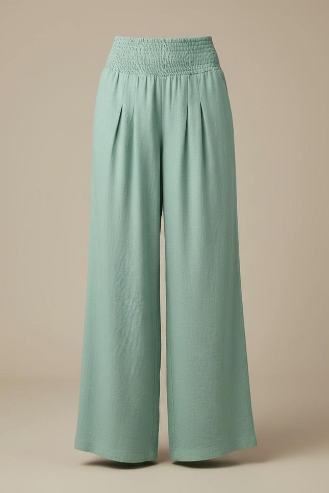 Pantalon Chinois Vert Fluide Ample Smocké Confortable - Lin - vue 3