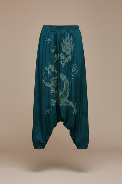 Pantalon Chinois Vert Dragon Brodé Satin Ample Femme - vue 3