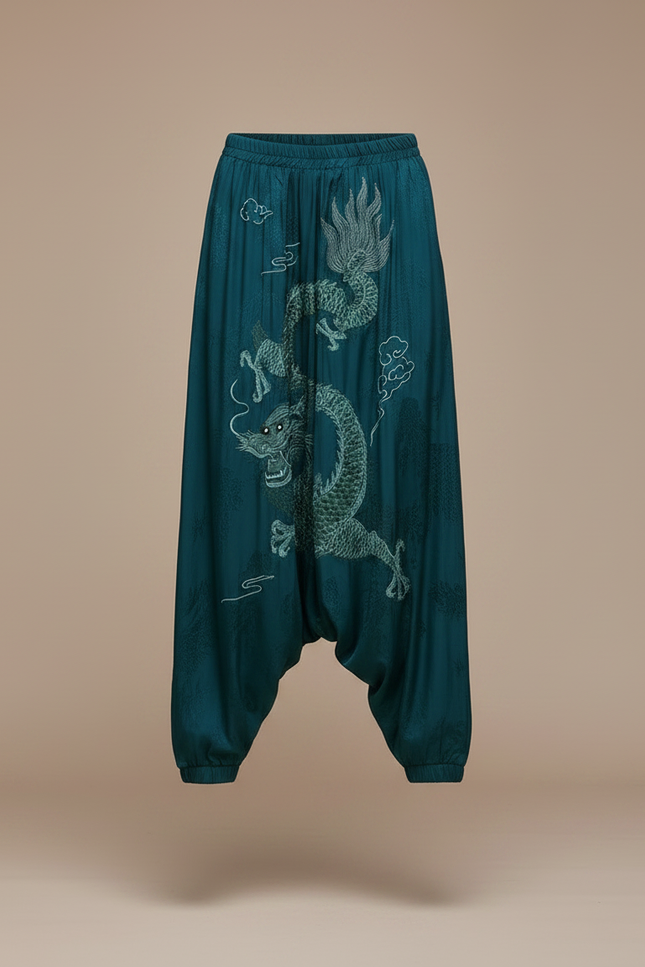 Pantalon Chinois Vert Dragon Brodé Satin Ample Femme - vue 3