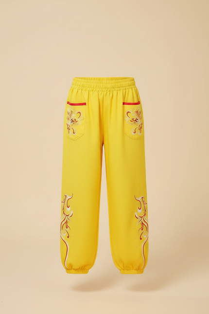 Pantalon Chinois Jaune Brodé Dragon Enfant Ample Sportif - Coton - vue 3
