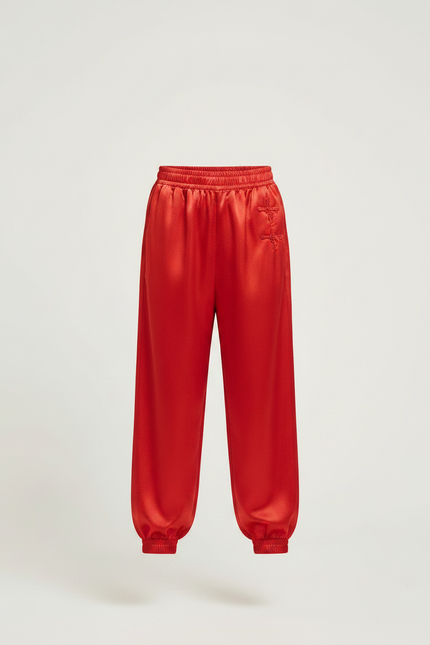 Pantalon Chinois Rouge Satiné Ample Élastiqué Brodé Enfant - vue 3