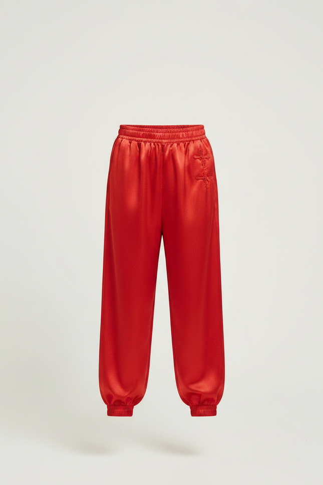 Pantalon Chinois Rouge Satiné Ample Élastiqué Brodé Enfant - vue 3