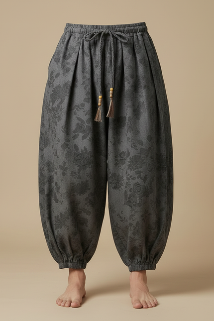 Pantalon Chinois Gris Fleuri Ample Cordon Décontracté - Coton - vue 3