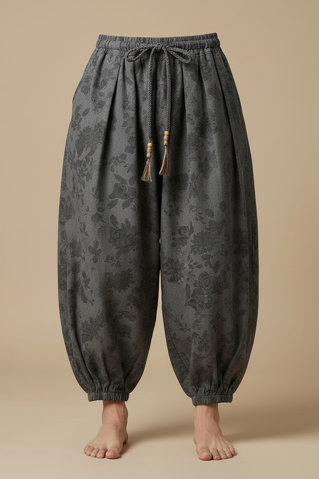 Pantalon Chinois Gris Fleuri Ample Cordon Décontracté - Coton - vue 3