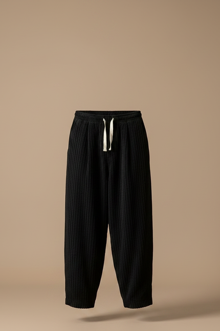 Pantalon Chinois Velours Côtelé Noir Ample Cordon Décontracté - Cordé - vue 3