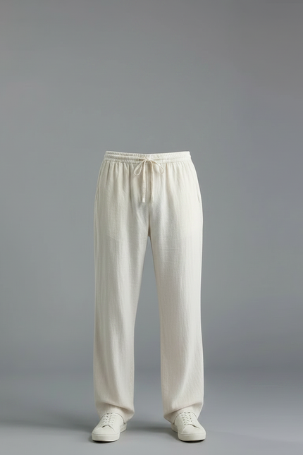 Pantalon Chinois Écru Lin Ample Cordon Décontracté - Beige - vue 3