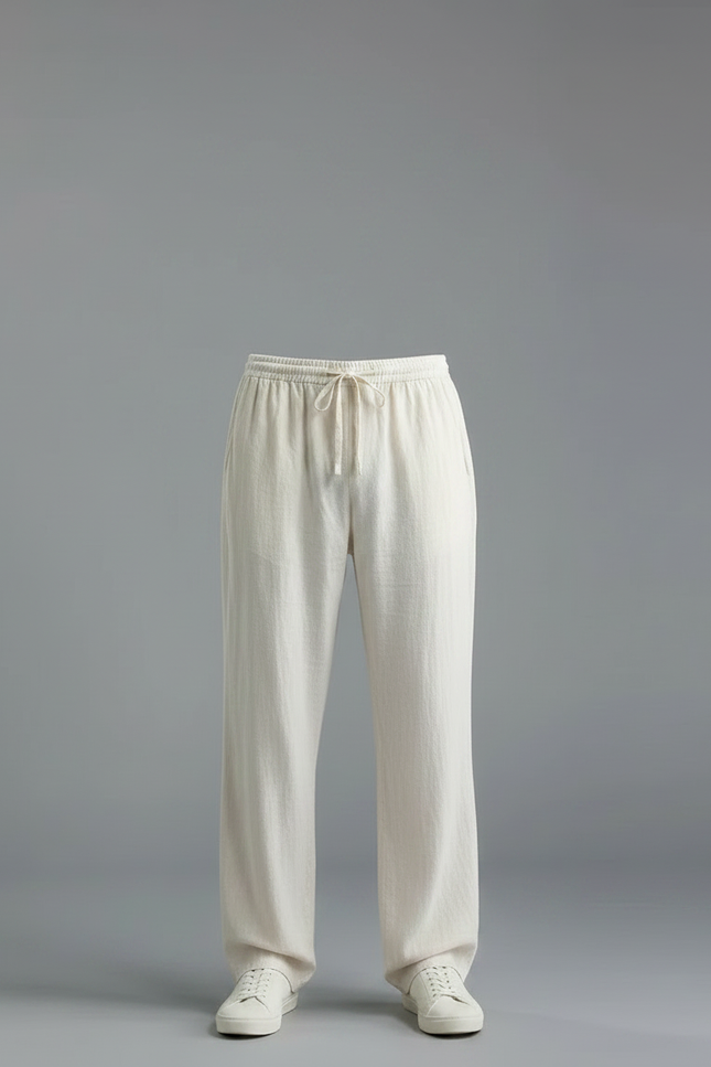 Pantalon Chinois Écru Lin Ample Cordon Décontracté - Beige - vue 3