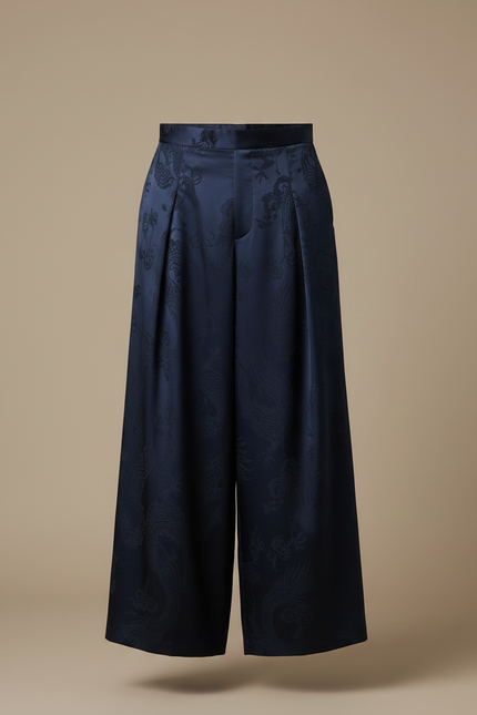 Pantalon Chinois Bleu Marine Ample Jacquard Dragon Soie - vue 3