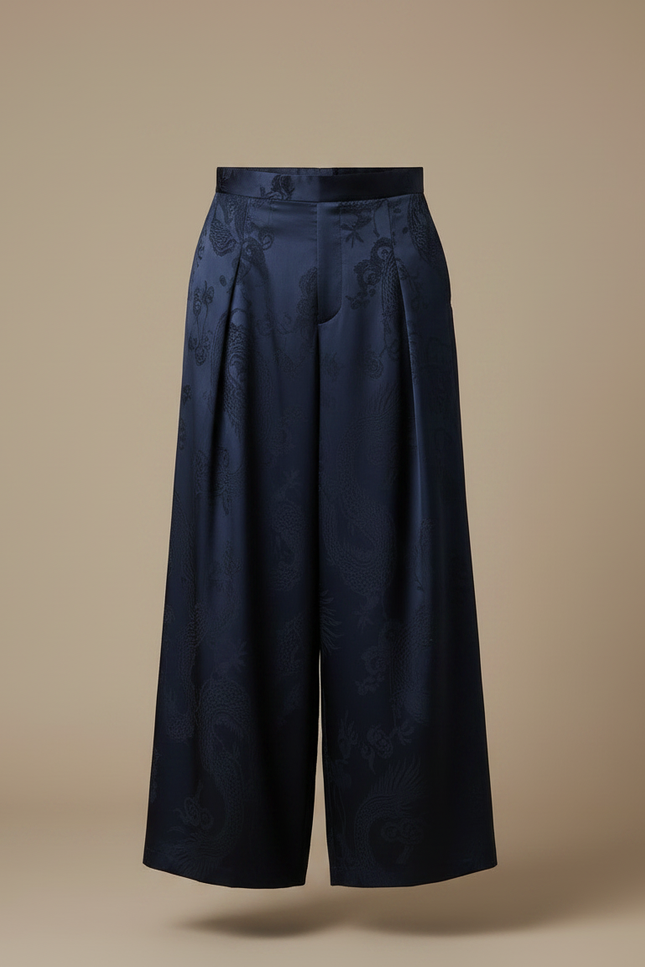 Pantalon Chinois Bleu Marine Ample Jacquard Dragon Soie - vue 3