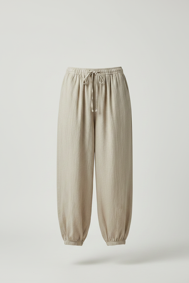 Pantalon Chinois Écru Ample Coton Lin Fluide Décontracté - Beige - vue 3