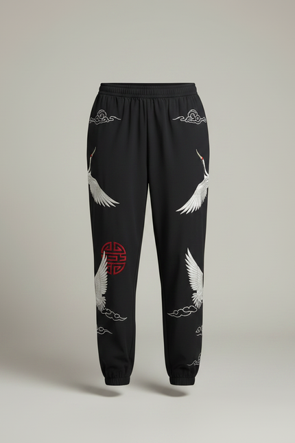 Pantalon Chinois Noir Brodé Grue Ample Femme - Polyester - vue 3