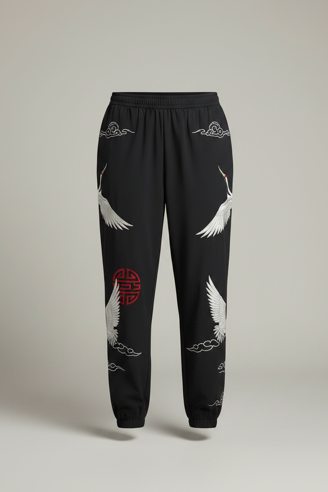 Pantalon Chinois Noir Brodé Grue Ample Femme - Polyester - vue 3