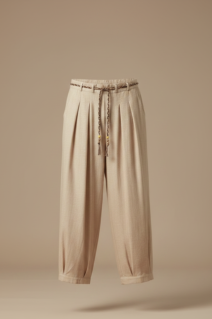 Pantalon Chinois Beige Lin Ample Harem Décontracté - vue 3
