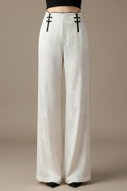 Pantalon Chinois Blanc Jacquard Fluide Élégant Femme - Soie - vue 3