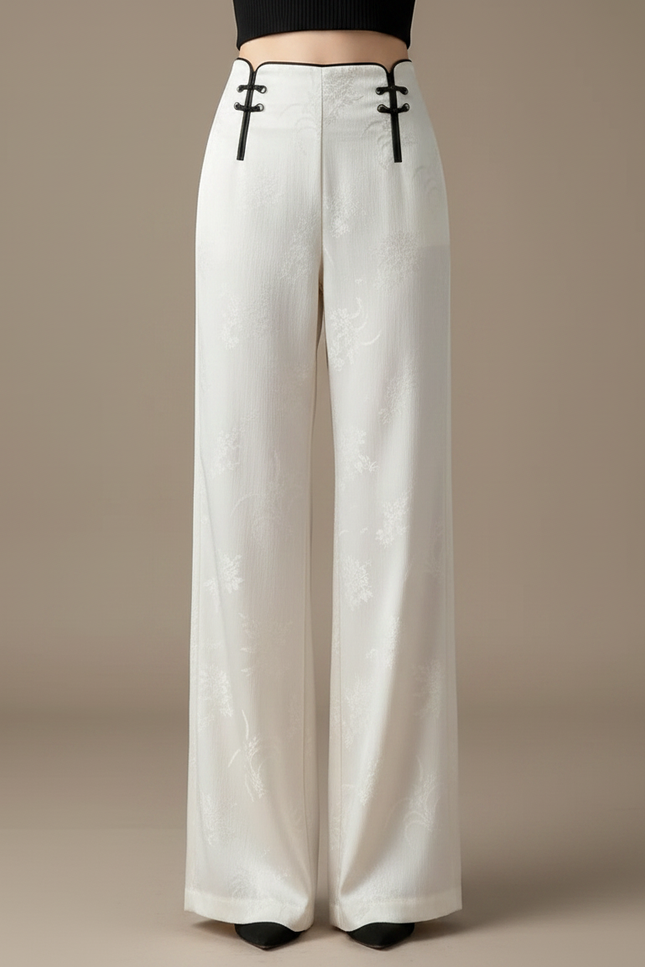 Pantalon Chinois Blanc Jacquard Fluide Élégant Femme - Soie - vue 3