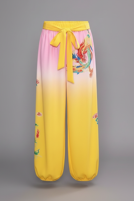 Pantalon Chinois Jaune Dégradé Dragon Satiné Ample - vue 3