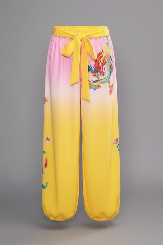 Pantalon Chinois Jaune Dégradé Dragon Satiné Ample - vue 3