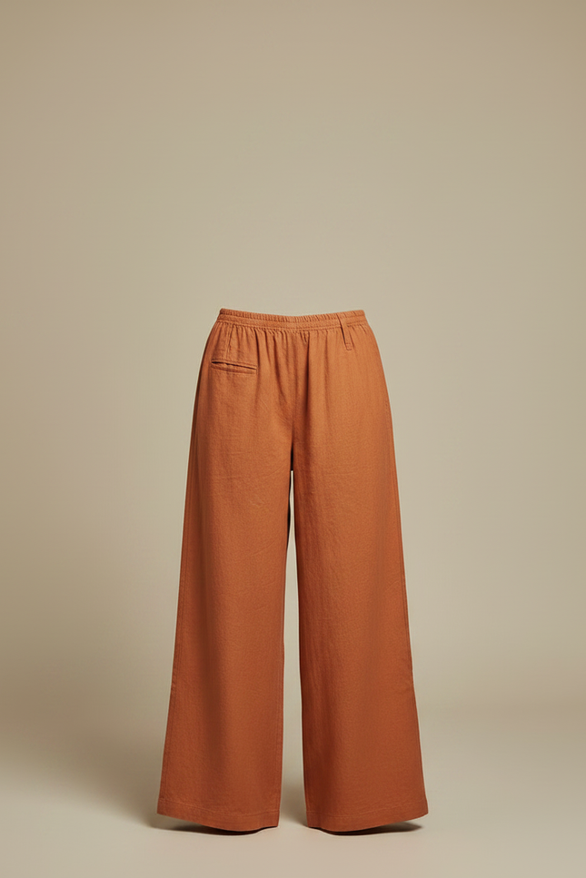 Pantalon Chinois Ample Coton Lin Marron Confortable - Orange - vue 3