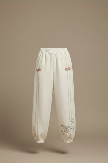 Pantalon Chinois Crème Brodé Ample Élégant Femme - Beige Lin - vue 3