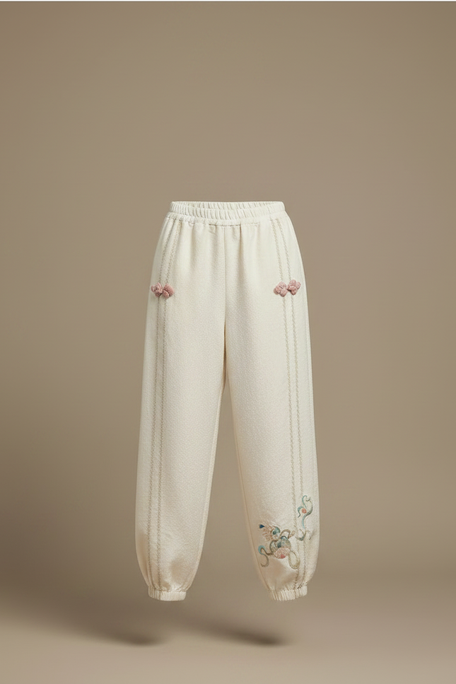 Pantalon Chinois Crème Brodé Ample Élégant Femme - Beige Lin - vue 3