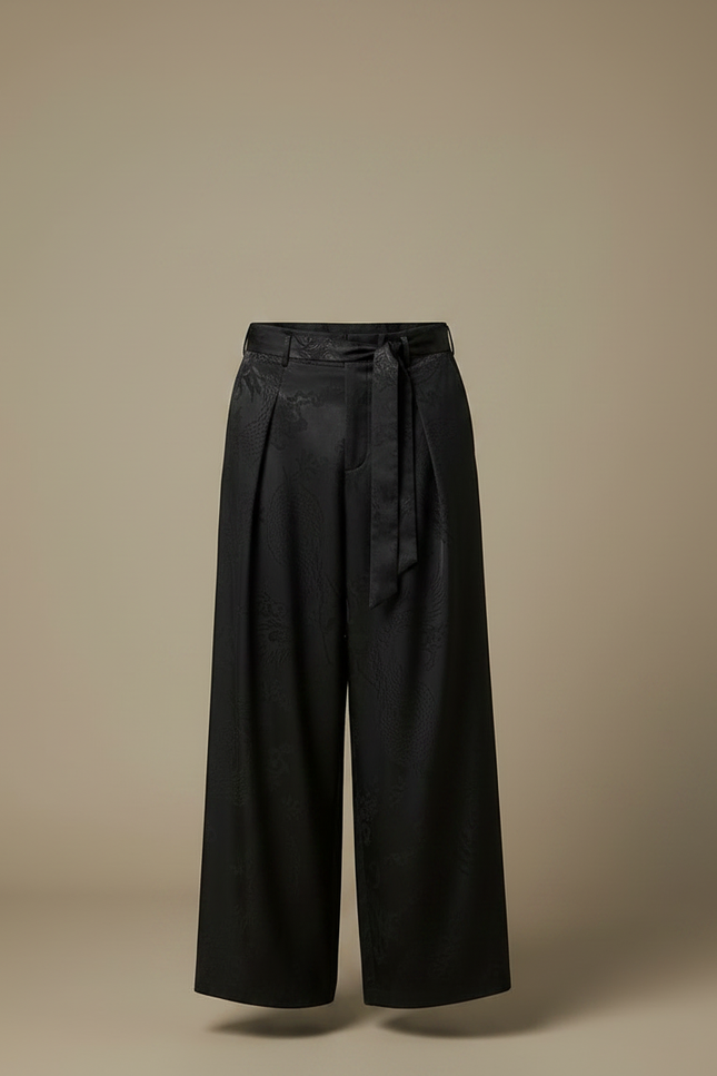 Pantalon Chinois Noir Ample Jacquard Fluide Élégant - Satin - vue 3