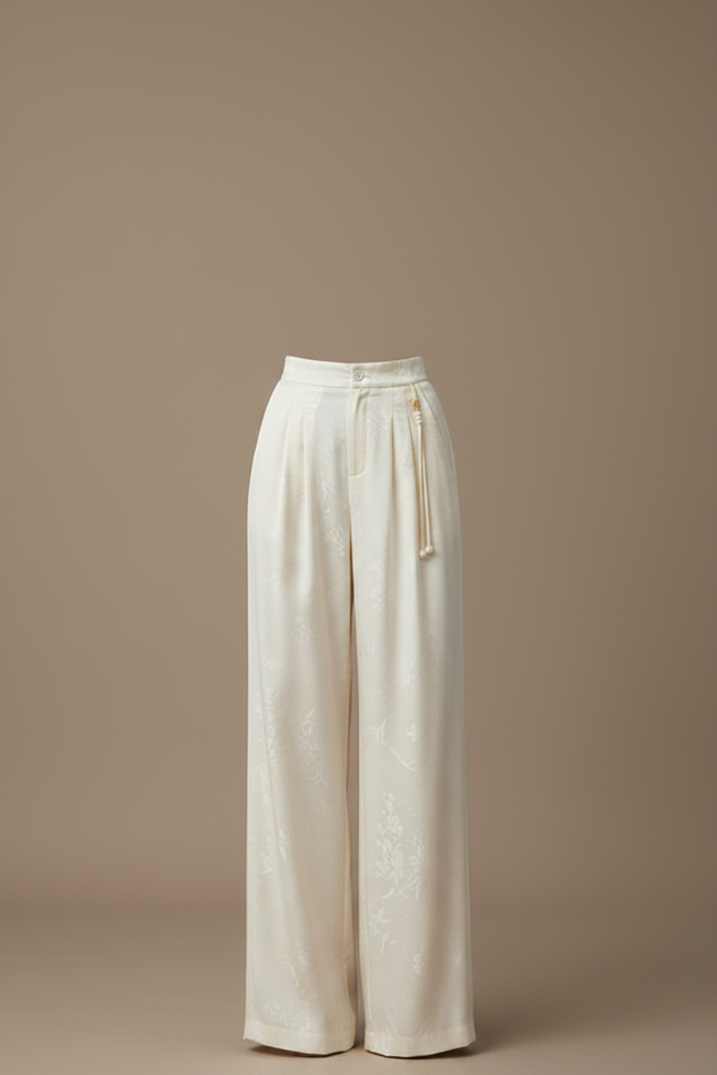 Pantalon Chinois Écru Satin Fluide Imprimé Femme - Beige - vue 3