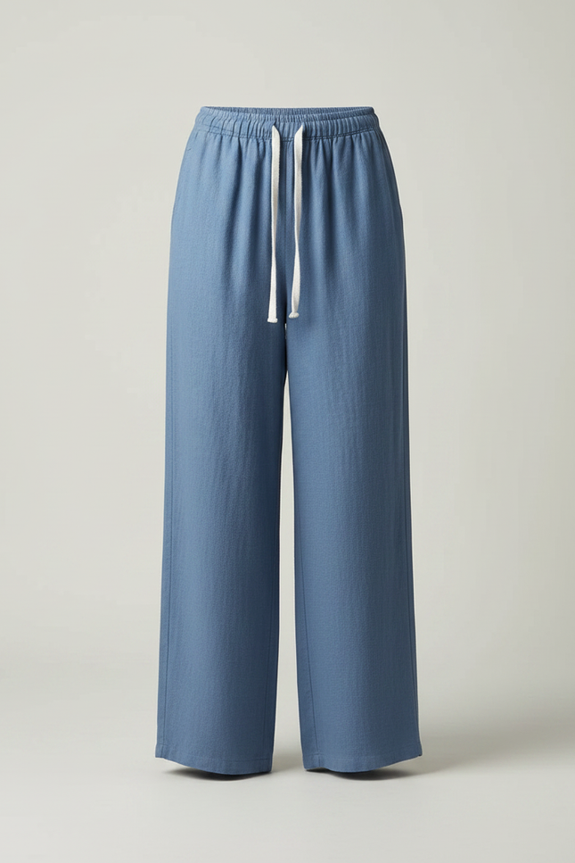 Pantalon Chinois Bleu Ample Lin Cordon Confortable - vue 3