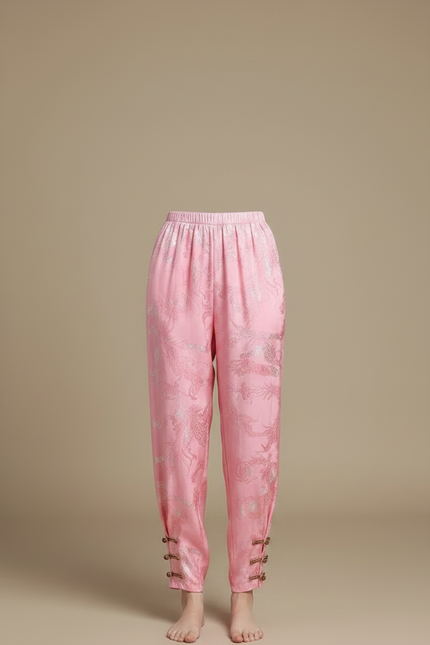 Pantalon Chinois Rose Satiné Brodé Ample Élégant - vue 3