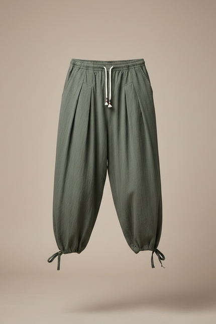 Pantalon Chinois Vert Armée Ample Coton Lin Homme - Kaki - vue 3