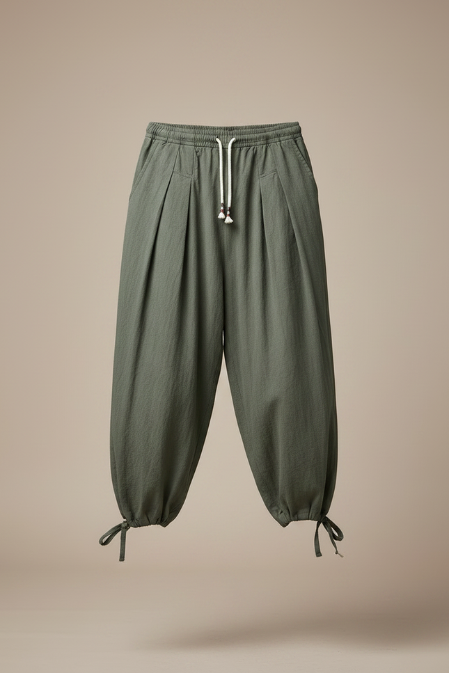 Pantalon Chinois Vert Armée Ample Coton Lin Homme - Kaki - vue 3
