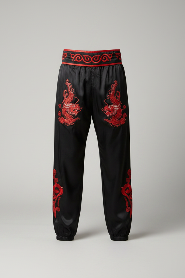 Pantalon Chinois Noir Satiné Dragon Brodé Rouge Homme - vue 3