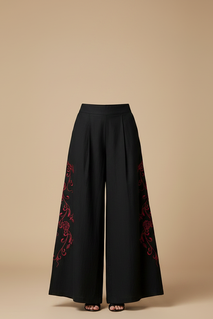 Pantalon Chinois Noir Brodé Ample Fluide Femme - Lin - vue 3