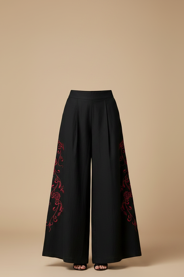 Pantalon Chinois Noir Brodé Ample Fluide Femme - Lin - vue 3