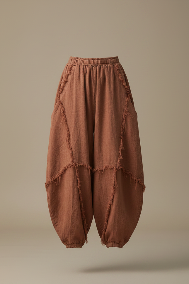 Pantalon Chinois Marron Ample Lin Coton Vintage - vue 3